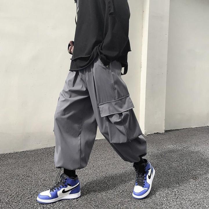 insFashion Cargo Pants Male Korean Trendy Hong Kong Style Student Drawstring Ankle-Tied Loose Ninth Straight Casual Pants