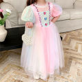 Christmas Halloween Pink Girls Rainbow Unicorn Dress Korean Birthday Elegant Puff Sleeve Princess Gowns Colorful Feather Wings. 
