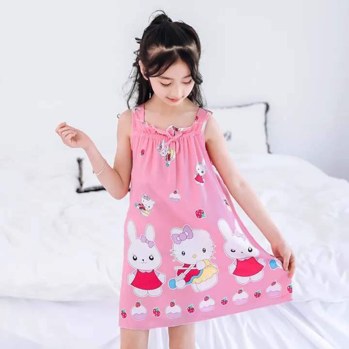 Girls'%20Nightdress%20Cotton%20Silk%20Girls'%20Pajamas%20Sleeveless%20Summer%20Medium%20and%20Large%20Children's%20Sling%20Princess%20Dress%20Artificial%20Cotton%20Home%20Wear%20-%20Image%207