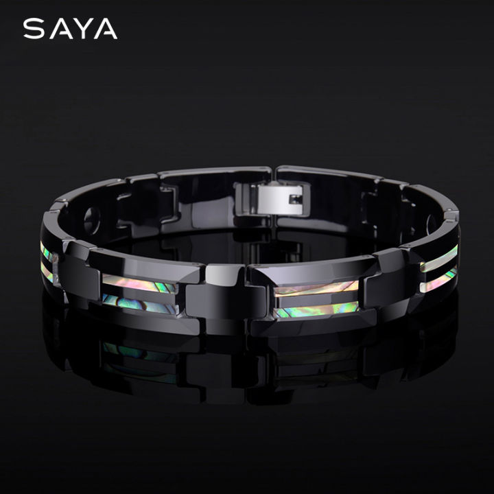 Black Ceramic Bracelets Scratch Proof Inlay Deep Sea Shell and Magnetic Stone for Men Jewelry,