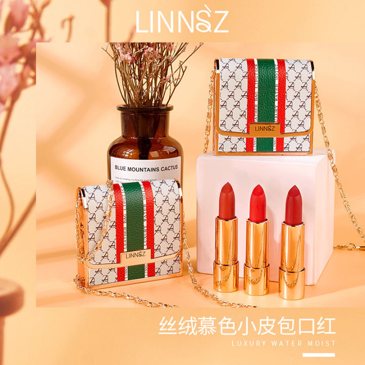 Douyin Lin makeup, three-color stripes, velvet, twilight, leather bag, lipstick set, three-pack bag, bag set, box delivery