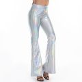 Women Girls PU Leather Metallic Pants Shiny Holographic Flare Pants Bodycon Elastic Waist Bell Bottom Trousers Clubwear. 