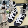 Flat Heel Cross Mid-Calf Fashion Sandals Hollow Women's Flat Summer New Lace-up European and American Roman Shoes Open Toe Sandal Boots ).