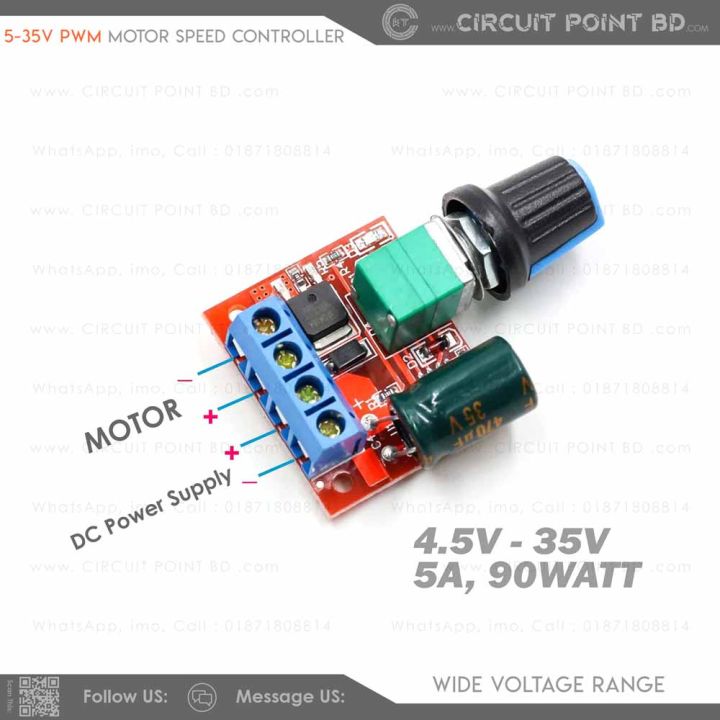 DC Motor or DC Fan Speed Controller Module | 4.5V-35V 6V 12V 24V 5A 90W | High-Quality Hi-Power PWM Volt Regulator Tool for Professional Motor Speed Control.