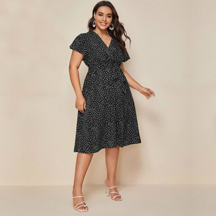 DOIB%20Women%20Plus%20Size%20Dress%20Gree%20White%20Polka%20Dot%20V%20Neck%20Sashes%20Large%20Size%20Dress%202020%20Summer%20Split%20Oversize%20Female%20Dress%204XL%20-%20Image%206