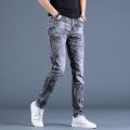 Spring Autumn Boyfriend Long Skinny Jeans Man Korean Fashion Designer Kpop Punk Star Print Denim Luxury Stretch Tight Pants Men.