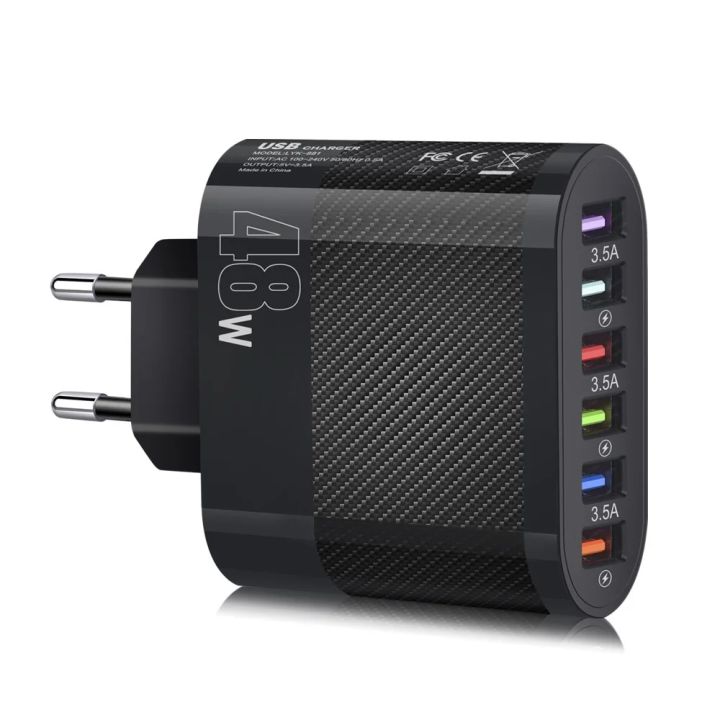 USB Wall Charger 48W 6-Port Fast Charging Block Adapter Plug Compatible For IPhone Android Tablet PC Mobile Phone