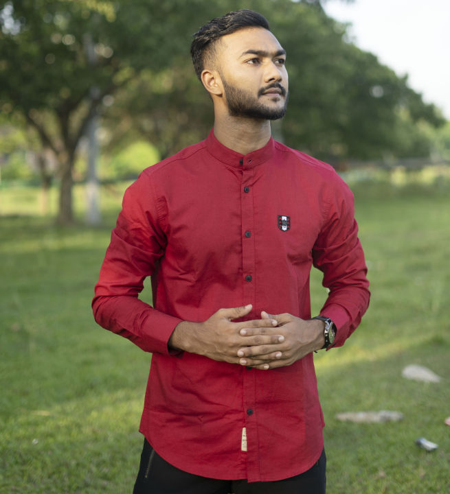Maroon Ben Collar Long Sleeve Casual Shirt For Men