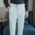 British Style Autumn New High Waist Trousers Men Belt Design Slim Fit Suit Pants Office Social Wedding Party Formal Pants Hommes.
