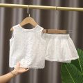 Girls 2028 Summer Clothing Sets Hollow Lace Suit Baby Casual Sleeveless T-shirt+Shorts Kids Clothing Sets Baby Clothes Outfits.