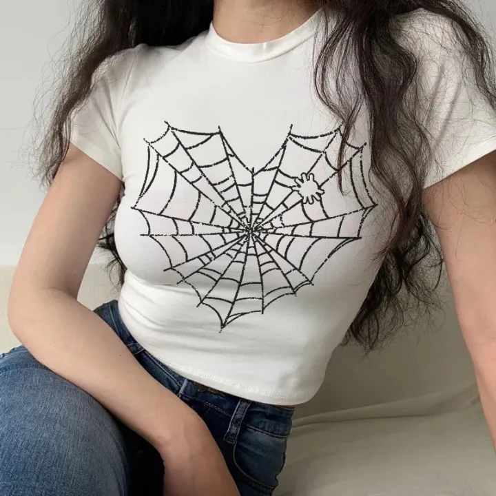 Summer%20American%20clothing%20Cute%20Women%20grunge%20T-shirt%20Ulzzang%20y2k%20Slim%20O-neck%20short%20tees%20dark%20spider%20web%20print%20Streetwear%20Corp%20tops%20-%20Image%206