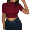 2023 New Summer European and American Women's Foreign Trade Top Fashion crop crop solid color round neck slim short sleeve T-shirt.