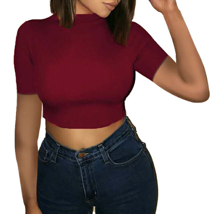 2023%20New%20Summer%20European%20and%20American%20Women's%20Foreign%20Trade%20Top%20Fashion%20crop%20crop%20solid%20color%20round%20neck%20slim%20short%20sleeve%20T-shirt%20-%20Image%206