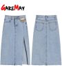 Long Denim Skirt Midi Women's High-waisted Spring A-line Pencil Female Jeans Vintage Skirt with Side Slit for Women 2023. 