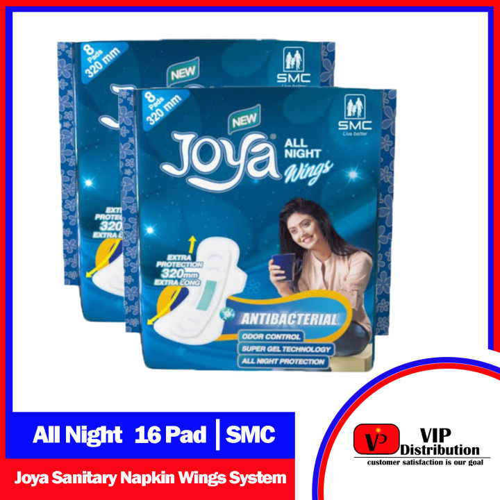 Joya Sanitary Napkin - Wings All Night - 8 Pads Pack - Panty/Wings System - 2 Pack Combo