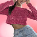Women Sequin Top Sparkling Sequin Crop Top for Women Stylish O Neck Long Sleeves Soft Pullover for Club Party Stage Show Trendy Waist-exposed Lady Top Long-sleeve Top. 