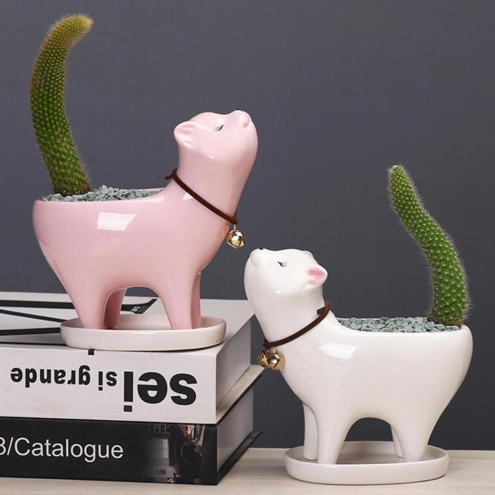 Cat Tail Shape Ceramic Flower Pot Succulent Cactus Ceramic Flower Pot Cartoon Cute Personality Ornament Cute Llama Hippopotamus Cat Juicy Flower Pot With Drain Tray Indoor Home Decoration Bonsai