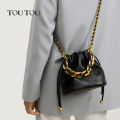 TOUTOU Genuine Leather Quilted Drawstring Bucket Bag for Women with Chain Strap Crossbody Handbag for Daily Use and Commuting. 