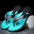 LOULUEN Men's Tri-Color Stripe Flip-Flops Sandal - Turquoise and Black.