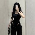 Sweet Cool Style Backless Slim Fit One-Piece Vest Top Korean Style High Waist Wide Leg Straight Suit Pants Hot Girl Summer Suit for Women.