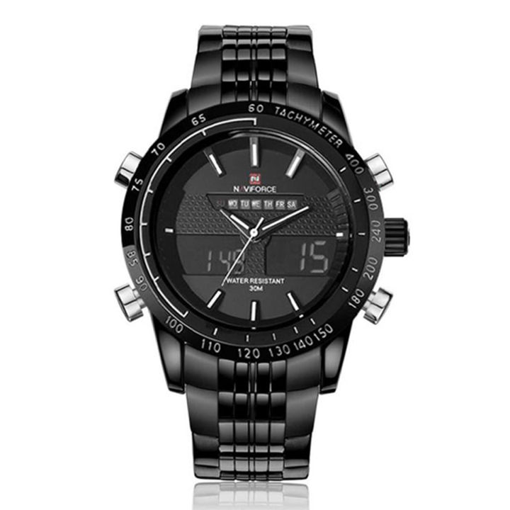 Naviforce NF9024 Stainless Steel Dual Display Quartz Watch - Black and White