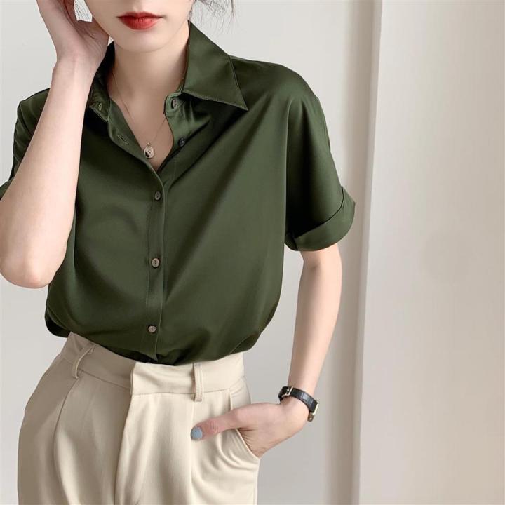 Shirt Women's Summer Satin2023New Interview Formal Wear Shirt Green Retro Hong Kong Style Drape Top
