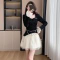 Real Shot Spot Autumn and Winter Design Sense Thin and Glittering Temperament Pure Desire Hot Girl Fake Two-Piece Belt Bell Sleeve Dress. 