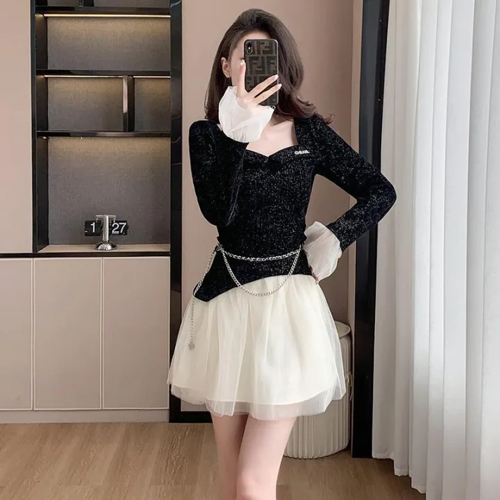 Real%20Shot%20Spot%20Autumn%20and%20Winter%20Design%20Sense%20Thin%20and%20Glittering%20Temperament%20Pure%20Desire%20Hot%20Girl%20Fake%20Two-Piece%20Belt%20Bell%20Sleeve%20Dress%20-%20Image%203