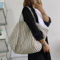 Canvas bag women's ins one-shoulder, large-capacity, lazy wind, striped fashion, big bag, casual literary hand-tote bag women.