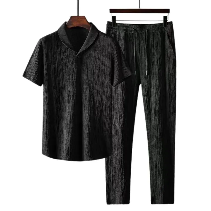 2Pcs/Set%20Summer%20Men's%20Suit%20Elastic%20Waistband%20Pleated%20Casual%20Outfit%20Men%20Business%20Short%20Sleeve%20Shirts%20Long%20Pants%20Set%20Male%20Clothing%20-%20Image%204