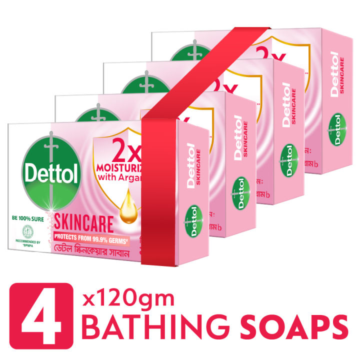 Dettol Soap Skincare Quad Pack (120gm X 4), Bathing Bar Soaps with Moisturizers