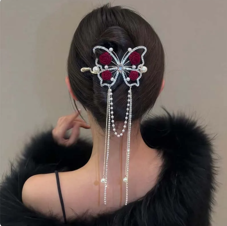 New Retro Fashion Red And White Flower Butterfly Tassel One Word Hair Clip Elegant Accessories For Women