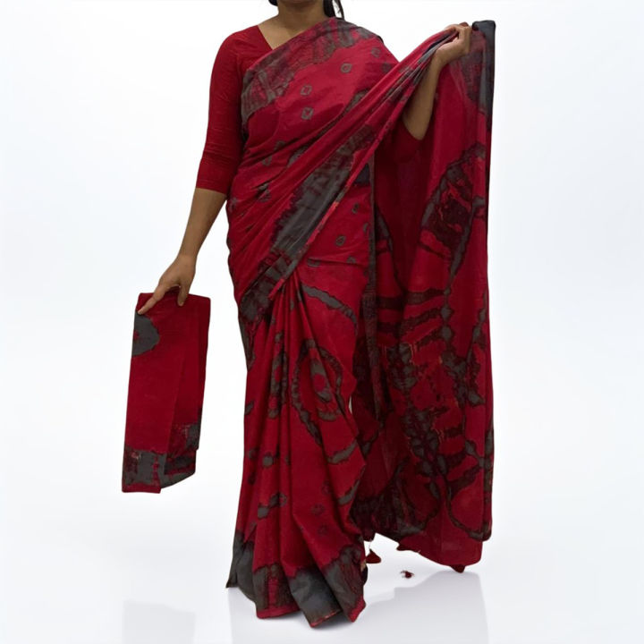 Multicolor Batik Print Cotton Saree for Women with Running Blouse Piece, Casual, Party and Festive Wear
