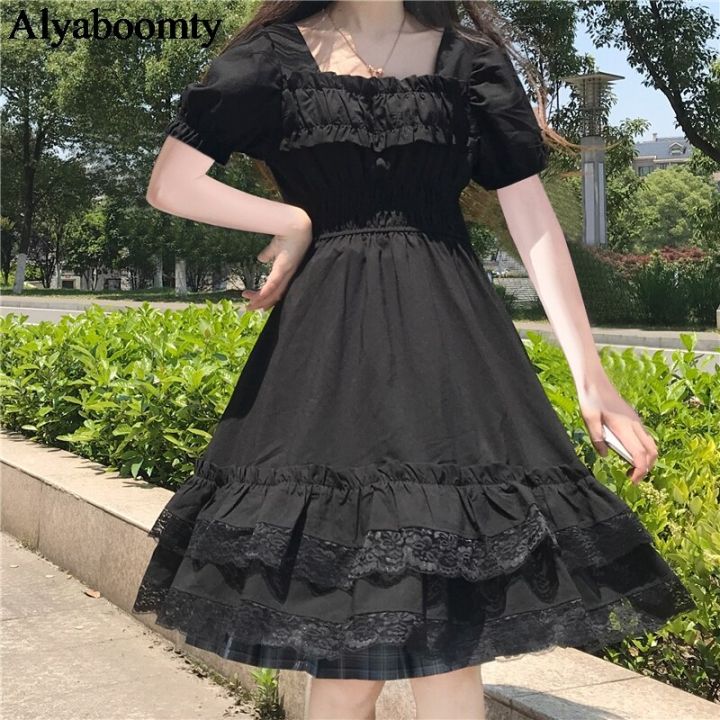Japanese%20Harajuku%20Summer%20Women%20Black%20Mini%20Dress%20Square%20Collar%20High%20Waist%20Puff%20Sleeve%20Dress%20Gothic%20Lace%20Ruffles%20Cosplay%20Dresses%20-%20Image%203