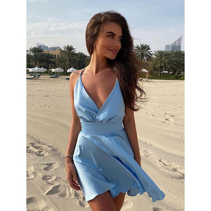 Satin Backless Party Night Club Wrap Mini Dress Women Sleeveless