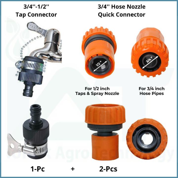 3/4-inch Size Water Hose Nozzle Quick Connector (2-Pcs) and 1/2'' or 3/4'' Universal Water Tap Connector (1-Pc) for Home Car Wash and Garden Watering.