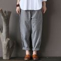 Oversize Women Striped Pants Elastic Waist Cotton Linen Pantalon Loose Long Harem Trousers Casual Baggy Streetwear.