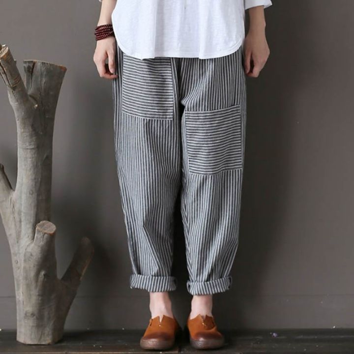 Oversize%20Women%20Striped%20Pants%20Elastic%20Waist%20Cotton%20Linen%20Pantalon%20Loose%20Long%20Harem%20Trousers%20Casual%20Baggy%20Streetwear%20-%20Image%204