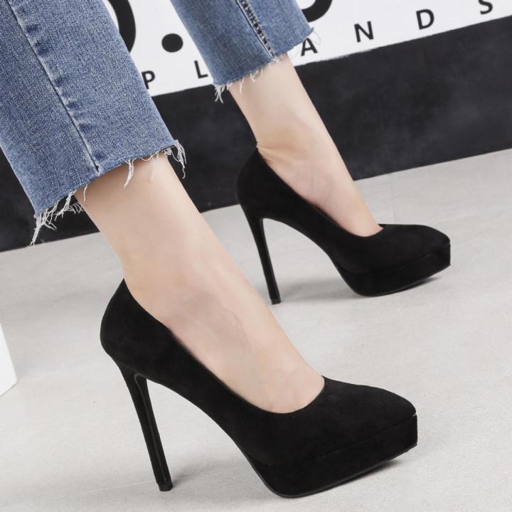 Large Size High Heels Women Super High Heel Pointed High Heels Suede Night  Club Waterproof Platform Women's Shoes Fine Heel Dress Stage High Heels 