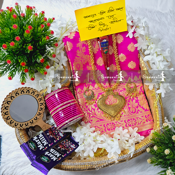 Tangail Katan Saree Combo Set for Women - Saree Churi Necklace Gazra Chocolate Mirror Etc