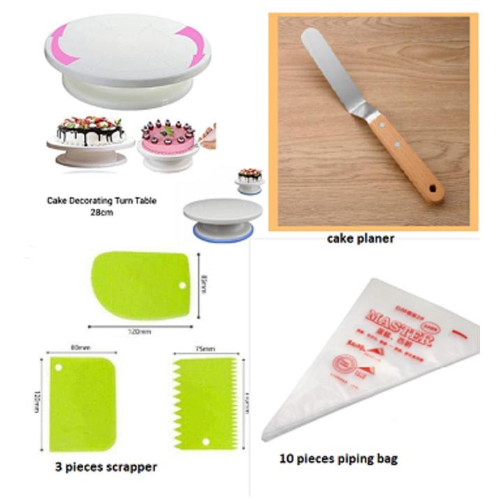 6 pcs a set Turn table+3 pcs scraper + cake planer 8" 10pcs Plastic Piping Bags