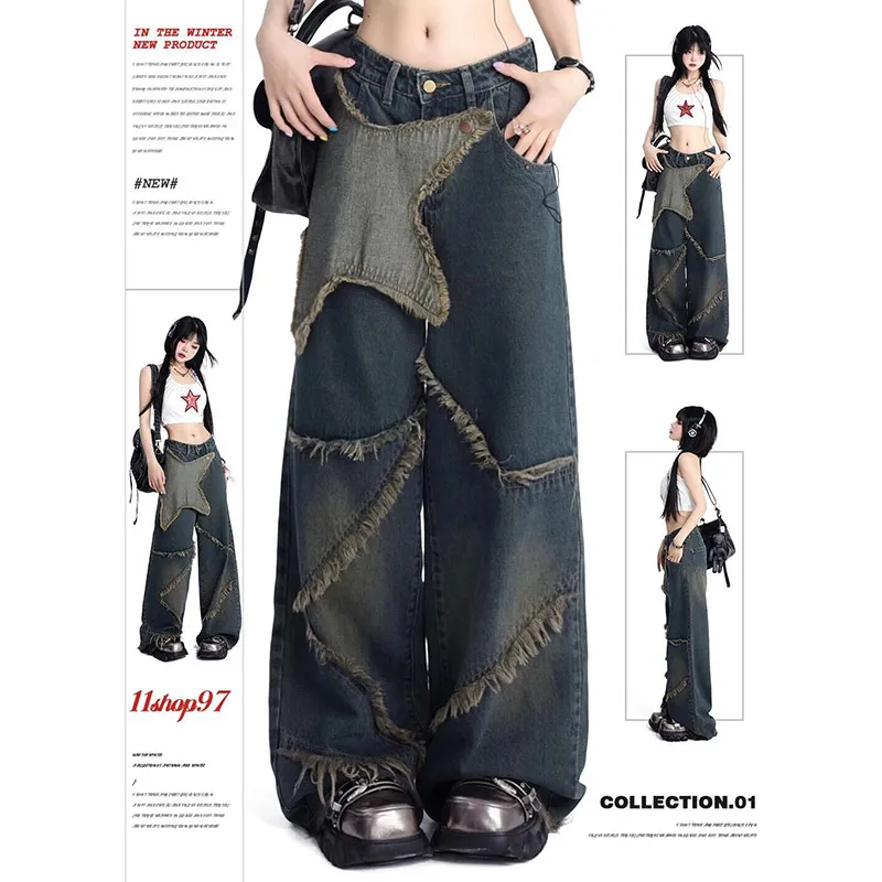 Women Blue Cargo Jeans Baggy Vintage 90s Aesthetic High Waist