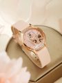5pc Luxury Watch Women Ring Necklace Earrings Bracelet Set - New Fashion Ladies Quartz Wristwatch with Butterfly Leather Strap. 