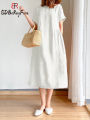 Summer Women Dress Casual Loose Short Sleeve A-LINE Oversize Solid Midi Dress Cotton Linen Dresses for Women Vestidos De Mujer.