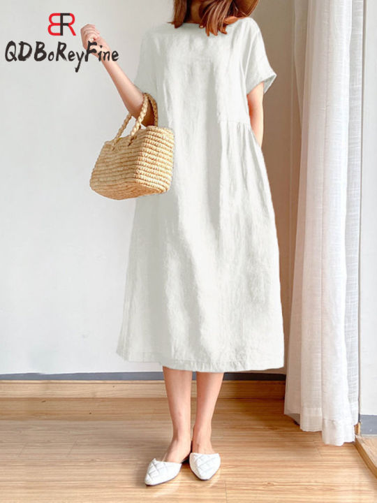 Summer%20Women%20Dress%20Casual%20Loose%20Short%20Sleeve%20A-LINE%20Oversize%20Solid%20Midi%20Dress%20Cotton%20Linen%20Dresses%20for%20Women%20Vestidos%20De%20Mujer%20-%20Image%205
