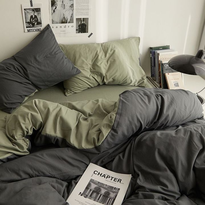 Four-Piece%20Set%20Contrast%20Color%20Japanese%20Style%20Style%20Washed%20Cotton%20Solid%20Color%20Double%20Stitching%20Simple%20Style%20Duvet%20Cover%20One-Piece%20Bed%20Sheet%20Dorm%20Bedding%20-%20Image%204