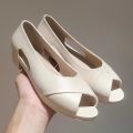 Heli shark sandals women's summer new bag heel single shoes fish mouth block heel flat casual wear solid color fashion sandals.