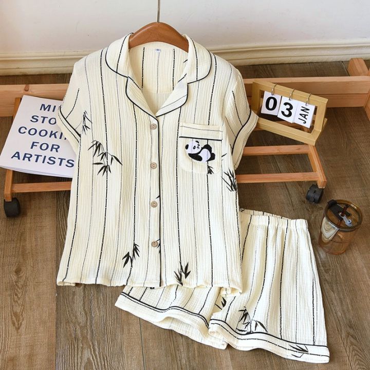 2%20Pieces%20Pajamas%20Summer%20Female%20Loungewear%20Suit%20Print%20Home%20Clothes%20100%25%20Cotton%20Gauze%20Shorts%20Sleepwear%20Loose%20Homewear%20-%20Image%202