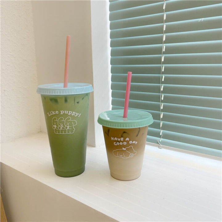 Copyright Korean style niche cartoon dog summer coffee plastic straw large capacity portable cup