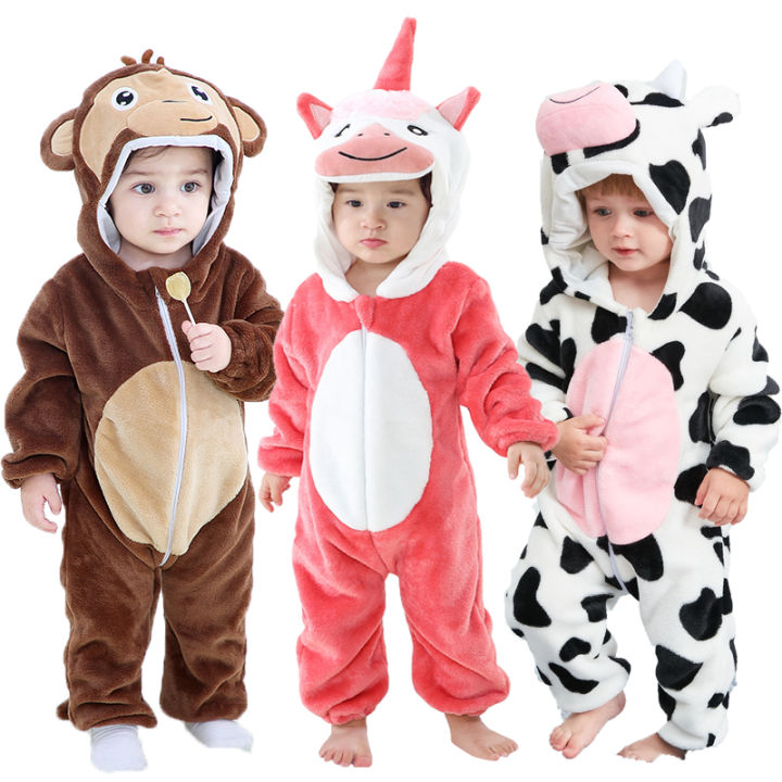 Baby Kigurumi Monkey Unicorn Cow Lion Animal Cosplay Costume Winter Plush Jumpsuit 1 to 4 Years Kids Girls Onesies Outfit Boys
